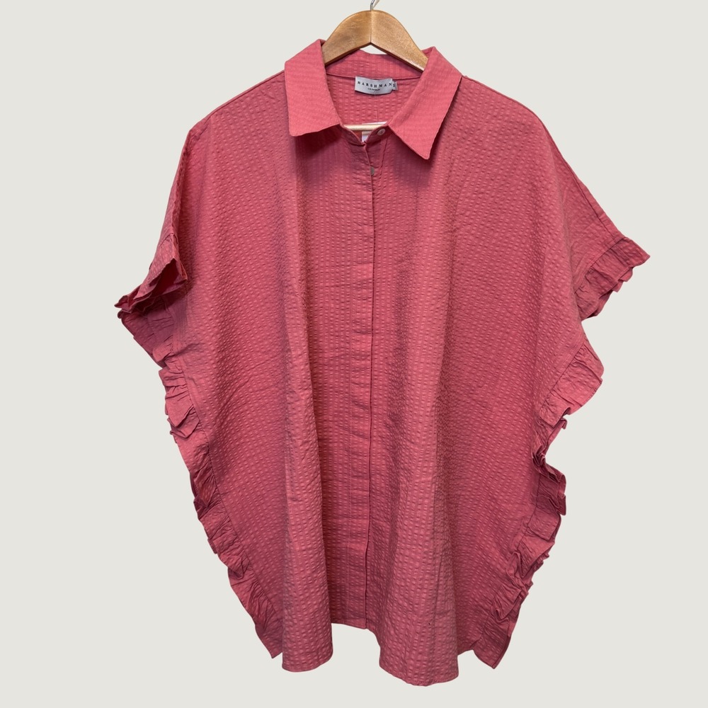 Harshman Womens Darcy Shirt 1X Rose Pink Seersucker Ruffle Dolman Coastal Chic